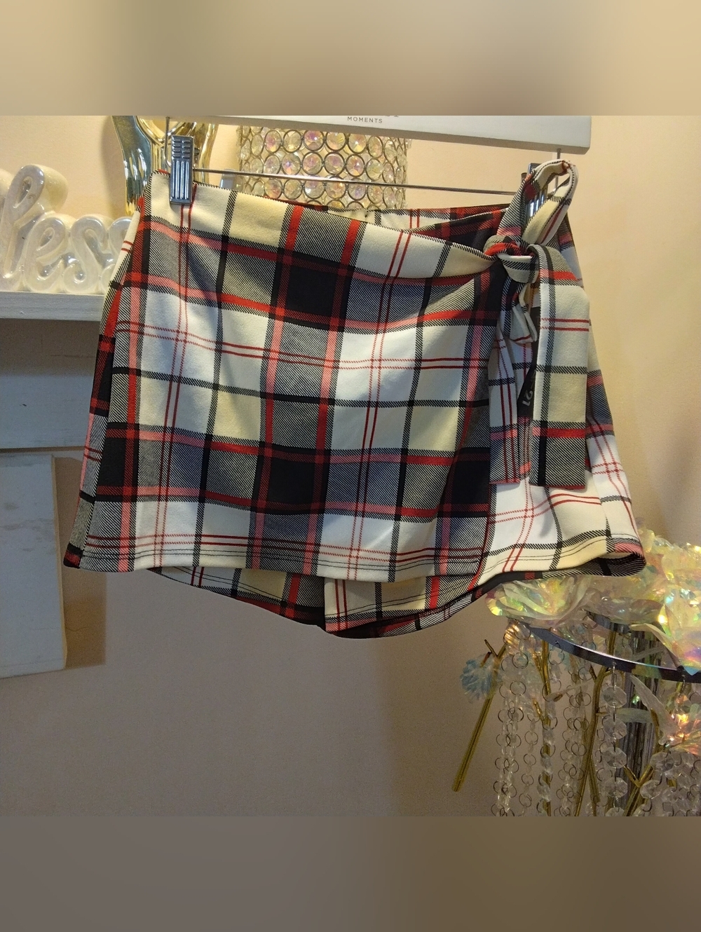 Plaid Wrap Mini Skirt with Side Tie - White, Black & Red